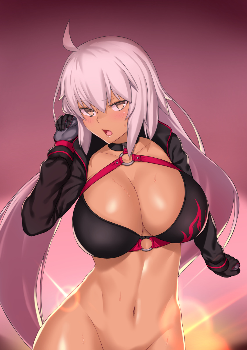 ahoge aster_crowley backlighting bangs bikini black_bikini black_gloves black_jacket blush breasts choker cleavage collarbone commentary cropped_jacket english_commentary fate/grand_order fate_(series) gloves gradient gradient_background hair_between_eyes highres hips jacket jeanne_d'arc_(alter_swimsuit_berserker) jeanne_d'arc_(fate)_(all) large_breasts lens_flare long_hair looking_at_viewer navel o-ring o-ring_top open_mouth shrug_(clothing) solo swimsuit tan very_long_hair yellow_eyes
