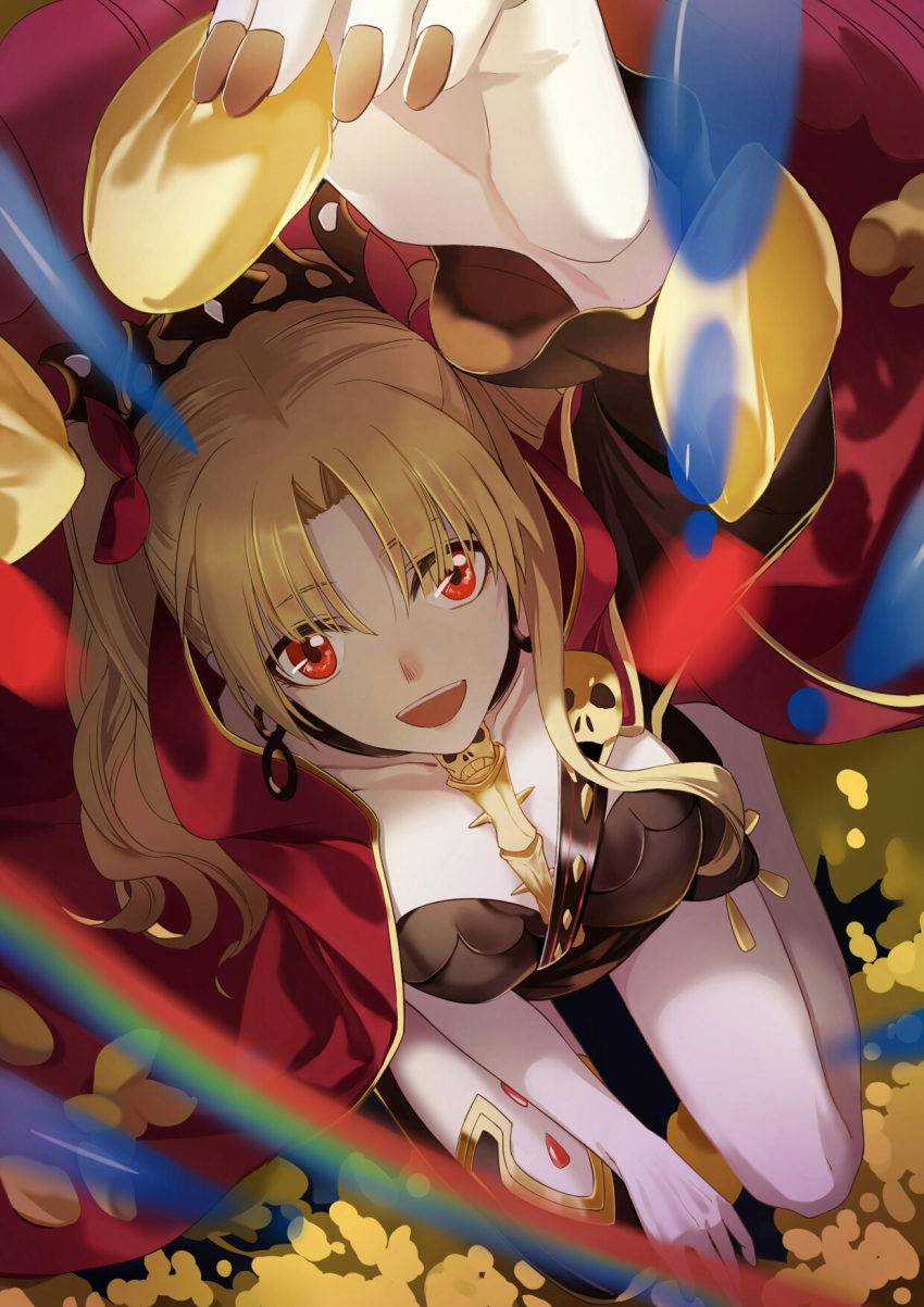 :d asymmetrical_legwear asymmetrical_sleeves bangs black_leotard black_nails blonde_hair breasts cape chips collarbone earrings ereshkigal_(fate/grand_order) fate/grand_order fate_(series) food gold_trim highres holding holding_food hoop_earrings infinity jewelry leotard long_hair looking_at_viewer looking_up nail_polish open_mouth parted_bangs potato_chips red_cape red_eyes red_ribbon ribbon single_sleeve single_thighhigh skull smile solo spine thighhighs tiara two_side_up xinweikun