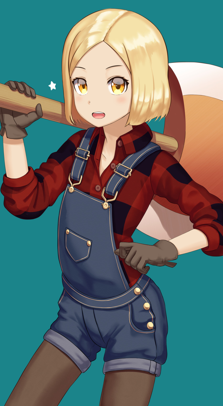 :d absurdres axe bangs blonde_hair brown_eyes brown_gloves brown_legwear collarbone commentary_request fate/grand_order fate_(series) forehead gloves green_background highres holding holding_axe looking_at_viewer open_mouth over_shoulder overall_shorts overalls pantyhose parted_bangs paul_bunyan_(fate/grand_order) red_shirt sanbe_futoshi shirt short_hair smile solo star upper_teeth