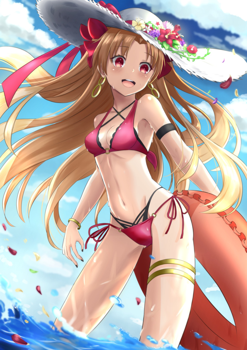 bangs bare_shoulders bikini black_nails blonde_hair blush bracelet commentary_request day earrings ereshkigal_(fate/grand_order) fate/grand_order fate_(series) fingernails hat highres jewelry lifebuoy long_hair maoyuese nail_polish ocean open_mouth parted_bangs red_bikini red_eyes solo swimsuit upper_teeth