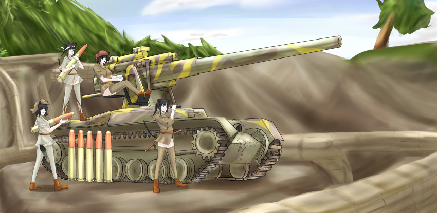 absurdres animal_ears black_eyes black_hair cat_ears cat_tail caterpillar_tracks cloud commentary_request day eyepatch ground_vehicle highres imperial_japanese_army long_12cm_self-propelled_gun long_hair military military_uniform military_vehicle motor_vehicle multiple_girls original ponytail sandbag self-propelled_gun shiden21gata short_hair skirt sky tail tank tank_shell tree uniform world_war_ii