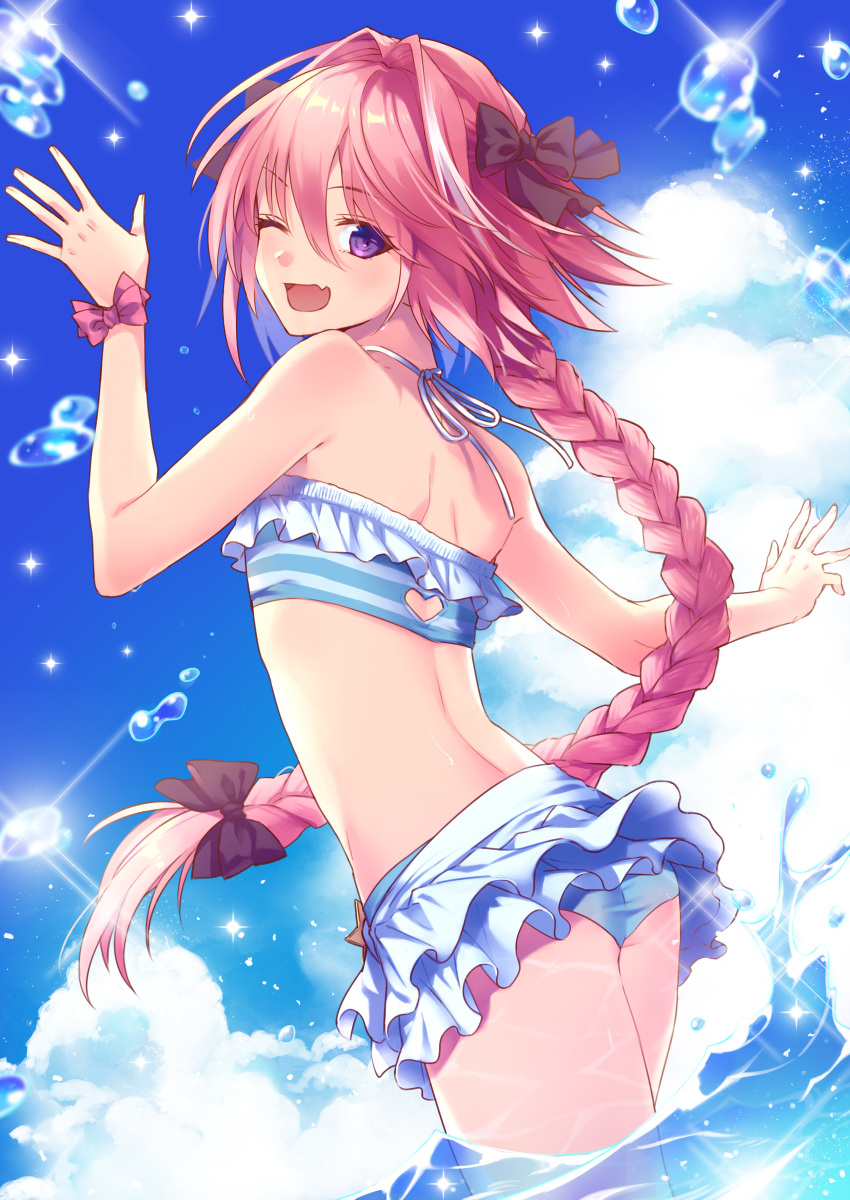 ;d absurdres arm_up ass astolfo_(fate) back bare_arms bare_shoulders bikini bikini_skirt black_bow blue_bikini blue_sky blush bow braid cloud commentary_request day dutch_angle fang fate/grand_order fate_(series) from_behind hair_between_eyes hair_bow hair_intakes heart_cutout highres long_hair looking_at_viewer looking_back male_focus multicolored_hair ocean one_eye_closed open_mouth otoko_no_ko outdoors pink_bow pink_hair purple_eyes satou_iruno single_braid sky smile solo sparkle splashing streaked_hair striped striped_bikini swimsuit thighs very_long_hair water white_hair wrist_bow