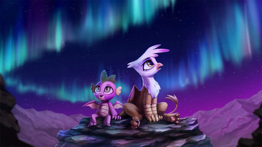 16:9 2018 ambiguous_gender anthro aurora_borealis avian beak digital_media_(artwork) dragon duo friendship_is_magic gilda_(mlp) gryphon hi_res inowiseei my_little_pony open_mouth outside sitting spike_(mlp) wings young