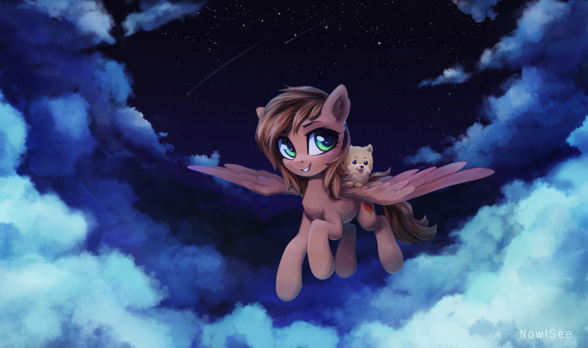 2018 absurd_res brown_hair canine cloud cloudscape cute cutie_mark dog duo equine eyebrows eyelashes fan_character feathered_wings feathers female feral flying grin hair hi_res hooves inowiseei kathrine_(oc) mammal my_little_pony night outside paws pegasus pet portrait riding sky smile spread_wings star starry_sky tan_feathers teal_eyes teeth tongue tongue_out wings