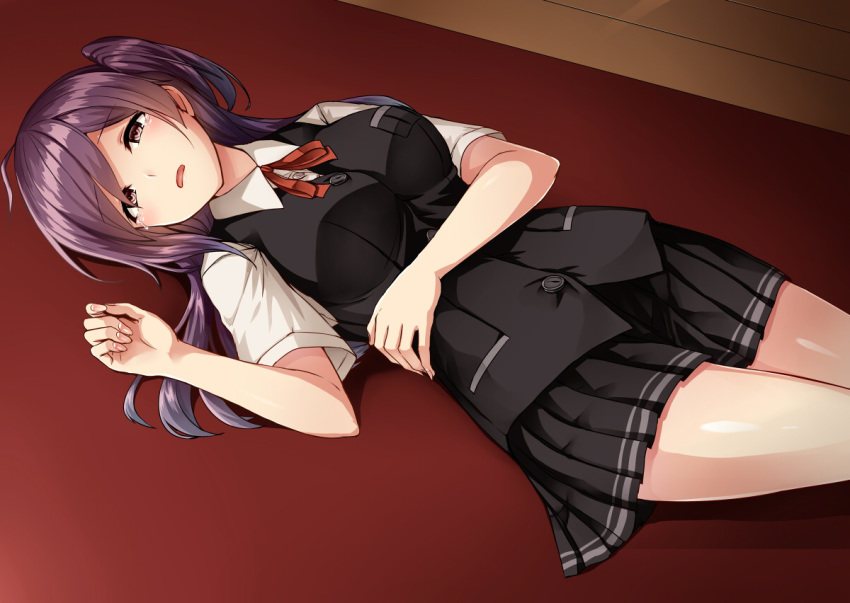 black_skirt black_vest blush breasts carpet commentary_request eyebrows_visible_through_hair hagikaze_(kantai_collection) kamelie kantai_collection large_breasts long_hair looking_at_viewer lying miniskirt neck_ribbon on_back one_side_up open_mouth purple_eyes purple_hair red_ribbon ribbon school_uniform shirt short_sleeves skirt solo tearing_up vest white_shirt