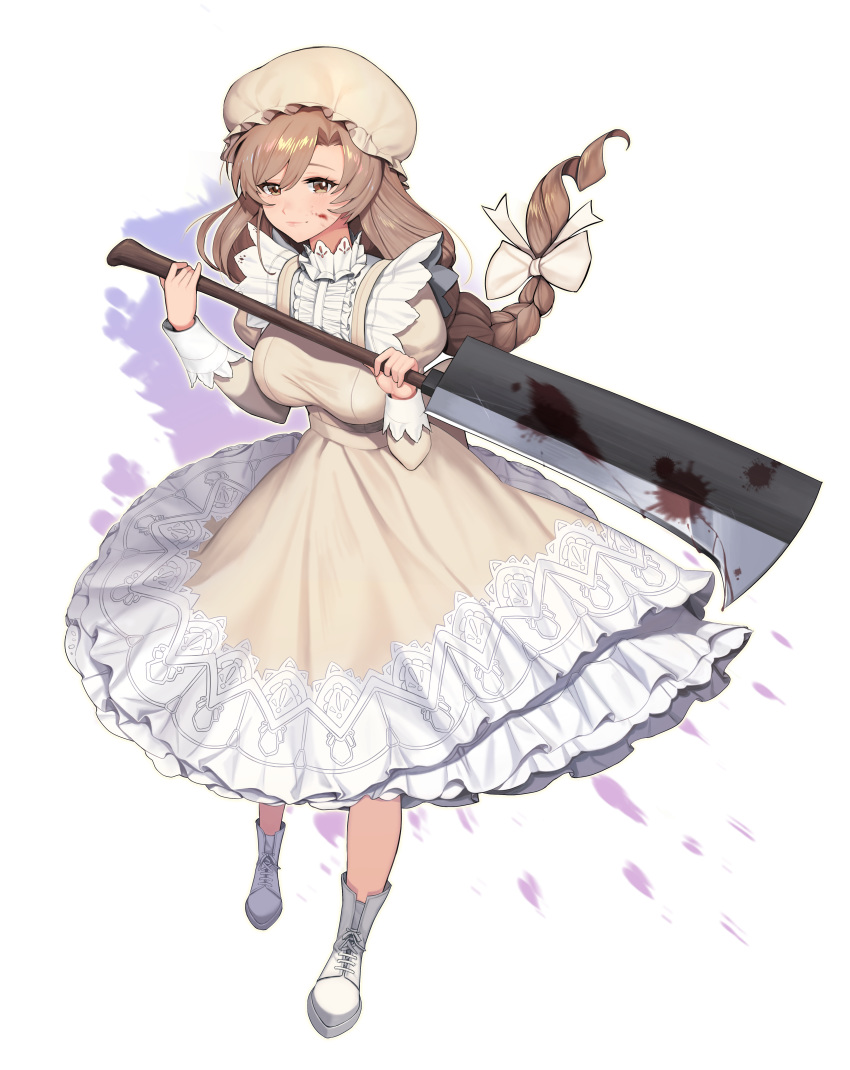 absurdres apron asymmetrical_bangs bangs blood blood_on_face bloody_weapon boots bow braid braided_ponytail breasts brown_eyes brown_hair cross-laced_footwear dress full_body hair_bow hat hataraku_saibou hatchet highres huge_filesize juliet_sleeves long_hair long_sleeves macrophage_(hataraku_saibou) medium_breasts mob_cap monini nose_hatchet oversized_object ponytail puffy_sleeves simple_background smile solo standing weapon white_background white_footwear