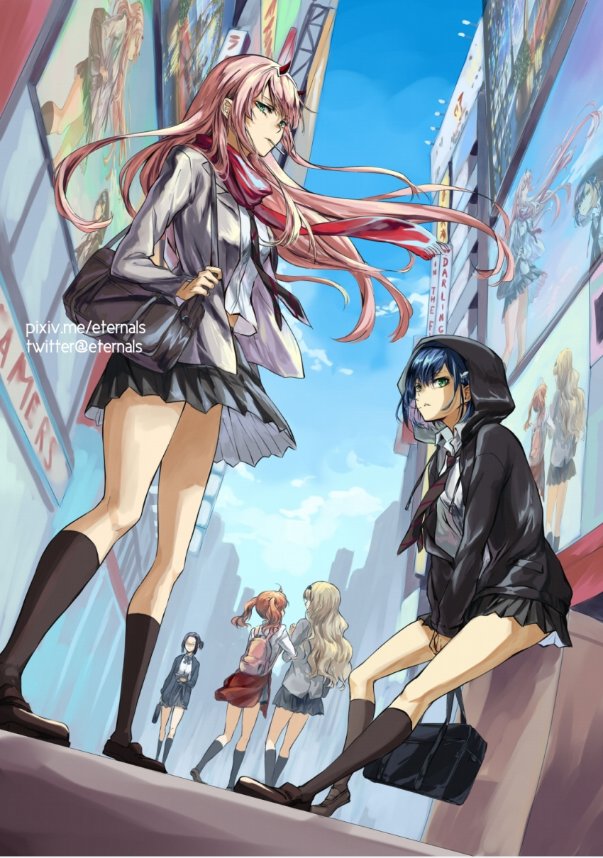 backpack bag black_hair blonde_hair blue_hair book brown_legwear cityscape clothes_around_waist commentary darling_in_the_franxx english_commentary green_eyes hair_ornament hairband hairclip highres holding holding_bag holding_book hood hood_up hoodie ichigo_(darling_in_the_franxx) ikuno_(darling_in_the_franxx) jacket_around_waist kokoro_(darling_in_the_franxx) light_brown_hair loafers miku_(darling_in_the_franxx) necktie pink_hair pixiv_username plaid plaid_skirt reading red_horns red_scarf scarf school_bag school_uniform shoes short_hair sitting skirt socks standing ten-chan_(eternal_s) twintails twitter_username walking white_hairband zero_two_(darling_in_the_franxx)