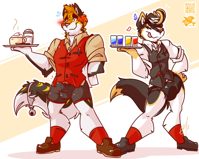 &lt;3 anthro beverage blush boxer_briefs bulge canine clothing diaper dog erection erection_under_clothes husky lilchu male mammal one_eye_closed penis_outline tongue tongue_out underwear waiter wink wolf