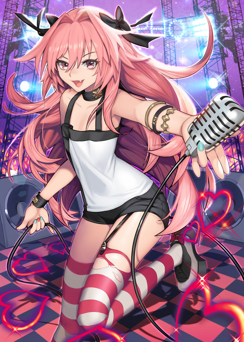 :d absurdres alternate_costume alternate_hairstyle astolfo_(fate) bangs bare_shoulders black_bow black_collar black_shorts blue_nails bow bracelet cable checkered checkered_floor collarbone fang fate/grand_order fate_(series) garter_straps hair_between_eyes hair_bow hair_intakes heart highres idol jewelry long_hair microphone monini multicolored multicolored_nails nail_polish open_mouth otoko_no_ko pink_eyes pink_hair red_nails shirt short_shorts shorts smile solo stage standing standing_on_one_leg striped striped_legwear tank_top thighhighs thighs torn_clothes torn_legwear v-shaped_eyebrows very_long_hair white_shirt