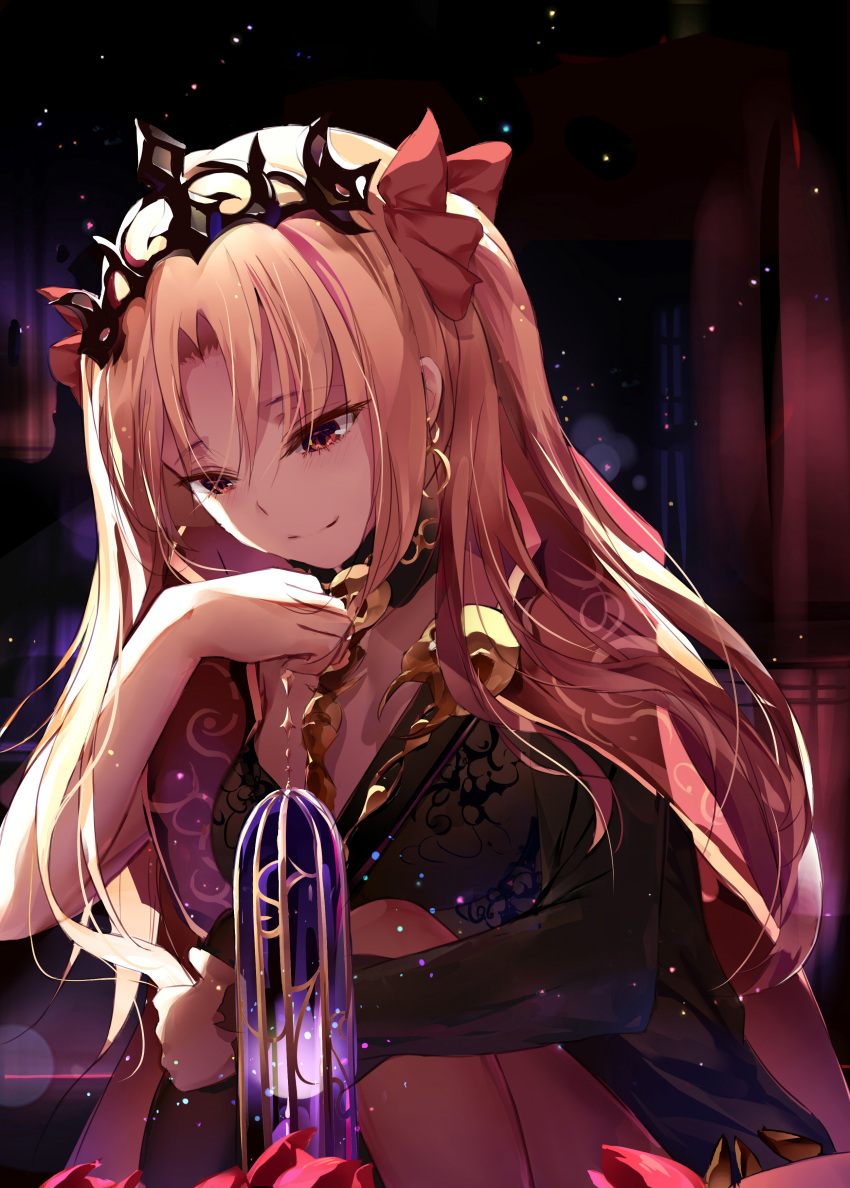 absurdres asymmetrical_sleeves bangs black_dress blonde_hair blush bow breasts closed_mouth commentary_request dress earrings ereshkigal_(fate/grand_order) eyebrows_visible_through_hair fallen_heaven fate/grand_order fate_(series) hair_between_eyes hair_bow highres infinity jewelry long_hair long_sleeves medium_breasts parted_bangs red_bow red_eyes skull smile solo spine tiara two_side_up very_long_hair