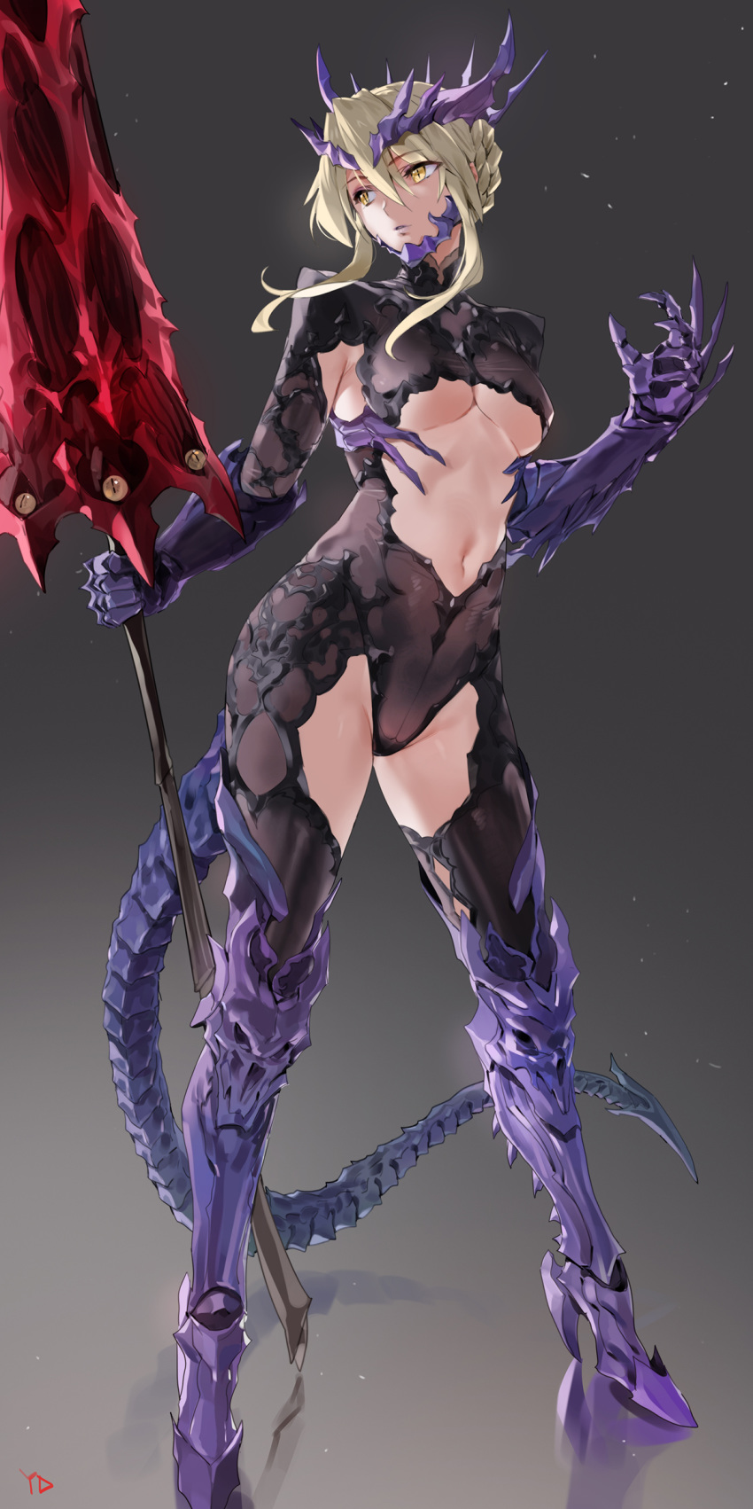 absurdres armored_boots artoria_pendragon_(all) artoria_pendragon_(lancer_alter) bangs black_bodysuit blonde_hair blue_armor bodysuit boots braid breasts center_opening commentary_request crotch_seam dark_rhongomyniad dragon_tail fate/grand_order fate_(series) french_braid full_body gauntlets gradient gradient_background hair_between_eyes highres horns lance long_hair looking_to_the_side medium_breasts navel polearm sidelocks slit_pupils solo tail thighs underboob weapon yang-do yellow_eyes