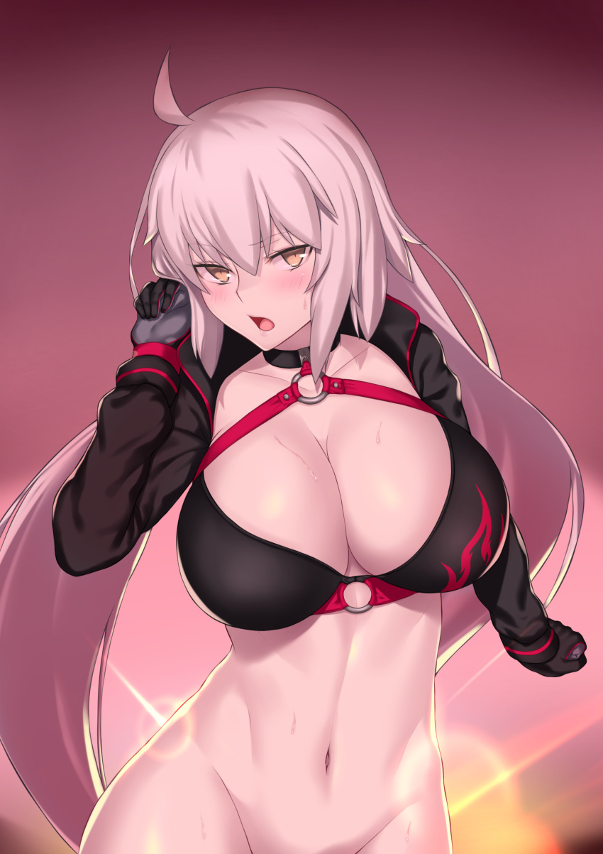 ahoge aster_crowley backlighting bangs bikini black_bikini black_gloves black_jacket blush breasts choker cleavage collarbone commentary cropped_jacket english_commentary fate/grand_order fate_(series) gloves gradient gradient_background hair_between_eyes highres hips jacket jeanne_d'arc_(alter_swimsuit_berserker) jeanne_d'arc_(fate)_(all) large_breasts lens_flare long_hair looking_at_viewer navel o-ring o-ring_top open_mouth shrug_(clothing) solo swimsuit very_long_hair yellow_eyes