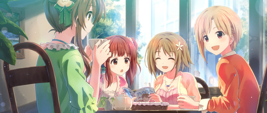 aiba_yumi blonde_hair blush breasts brown_eyes brown_hair chair cleavage closed_mouth collarbone eyebrows_visible_through_hair facing_another flower hair_flower hair_ornament highres idolmaster idolmaster_cinderella_girls indoors jewelry large_breasts looking_at_another mimura_kanako multiple_girls necklace ogata_chieri open_mouth plate scrunchie short_hair short_ponytail side_ponytail sitting smile table takamori_aiko teapot yuuki_tatsuya