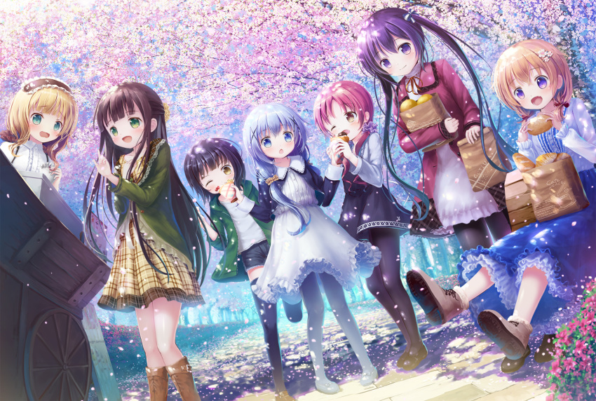 bag baguette black_hair black_legwear blonde_hair blue_eyes blue_hair blush boots bread brown_eyes brown_footwear brown_hair cherry_blossoms closed_mouth crepe day eyebrows_visible_through_hair flower food gochuumon_wa_usagi_desu_ka? green_eyes hair_flower hair_ornament hanami holding holding_bag hoto_cocoa index_finger_raised jouga_maya kafuu_chino kirima_sharo knee_boots long_hair looking_at_another looking_at_viewer maid maid_headdress multiple_girls natsu_megumi one_eye_closed open_mouth outdoors pantyhose psyche3313 purple_eyes purple_hair red_hair short_hair sitting smile standing tedeza_rize twintails ujimatsu_chiya very_long_hair x_hair_ornament yellow_eyes