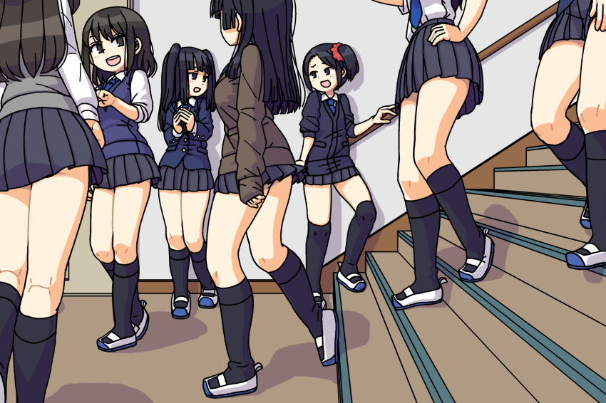 :d bangs black_eyes black_hair black_legwear black_skirt blue_neckwear cardigan collared_shirt commentary_request hair_ornament hair_scrunchie hand_on_hip highres hime_cut indoors kneepits long_hair long_sleeves looking_at_another maruput microskirt multiple_girls necktie one_side_up open_mouth original pleated_skirt railing red_scrunchie round_teeth school school_uniform scrunchie shadow shirt shoes short_hair skirt sleeves_past_wrists smile socks stairs stairwell standing straight_hair teeth two_side_up walking white_footwear white_shirt