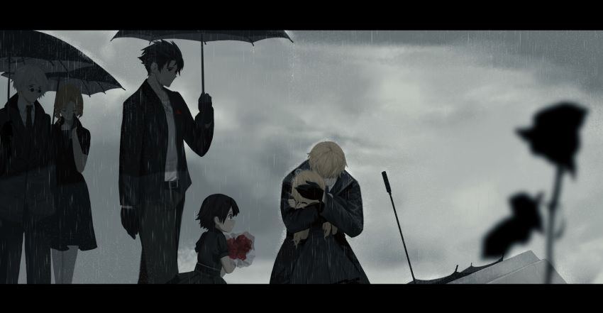3girls bangs black_dress black_gloves black_hair black_jacket black_neckwear black_pants black_umbrella blonde_hair blurry blurry_foreground bouquet child clenched_teeth cloud cloudy_sky collarbone collared_shirt commentary depth_of_field dishwasher1910 dress father_and_daughter flower funeral glasses gloves glynda_goodwitch hand_up holding holding_bouquet holding_umbrella hug jacket long_hair low_twintails multiple_boys multiple_girls necktie open_clothes open_jacket outdoors overcast pants parted_lips professor_ozpin profile puffy_short_sleeves puffy_sleeves qrow_branwen rain red_flower ruby_rose rwby shirt short_hair short_sleeves siblings silver_hair sisters sky sobbing taiyang_xiao_long teeth twintails umbrella white_shirt yang_xiao_long younger
