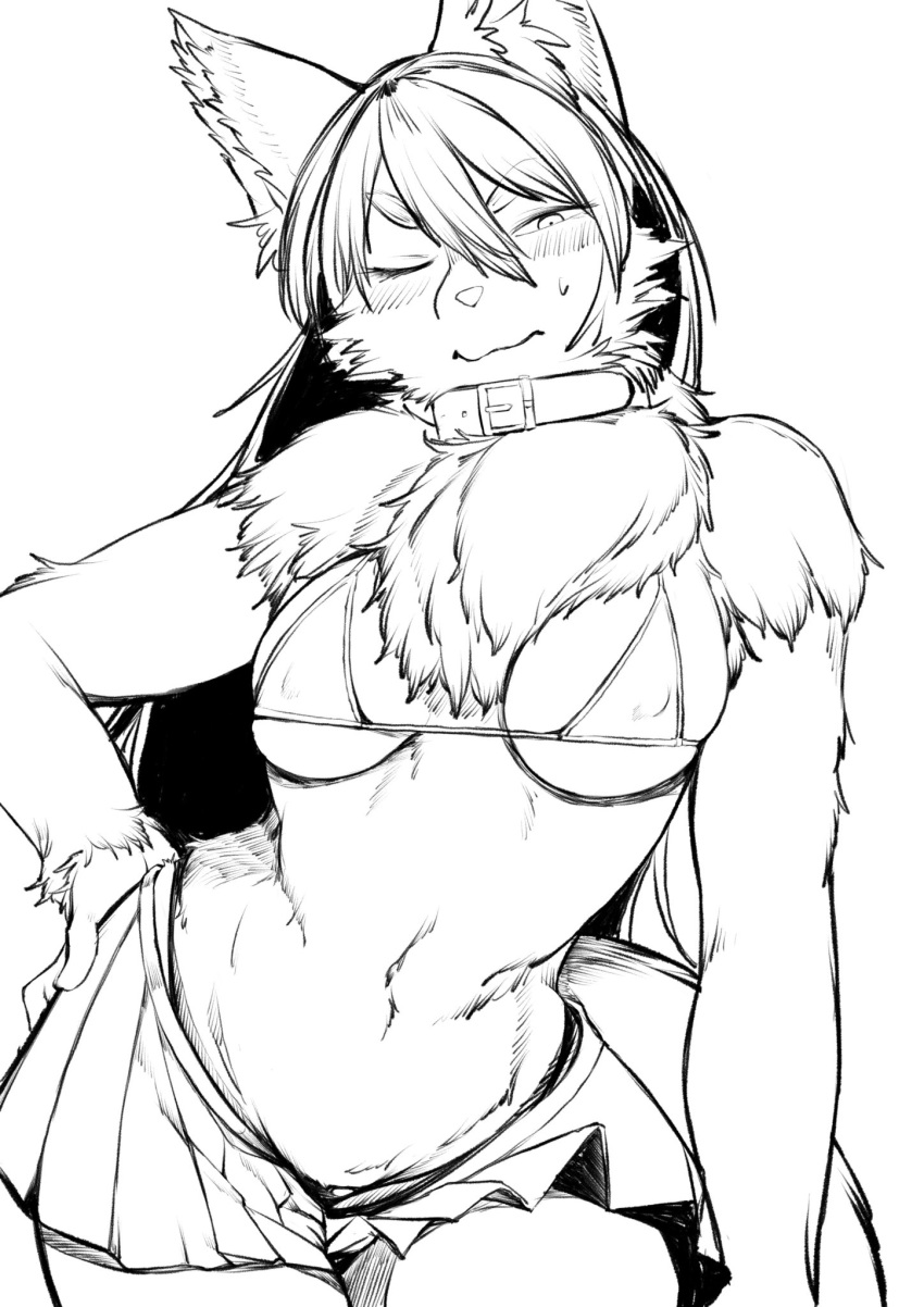 anthro bra breasts canine clothed clothing collar digital_media_(artwork) female fluffy fur hair hi_res inner_ear_fluff long_hair looking_at_viewer mammal monochrome navel one_eye_closed simple_background skirt solo toco_(artist) underwear white_background white_fur white_hair wink