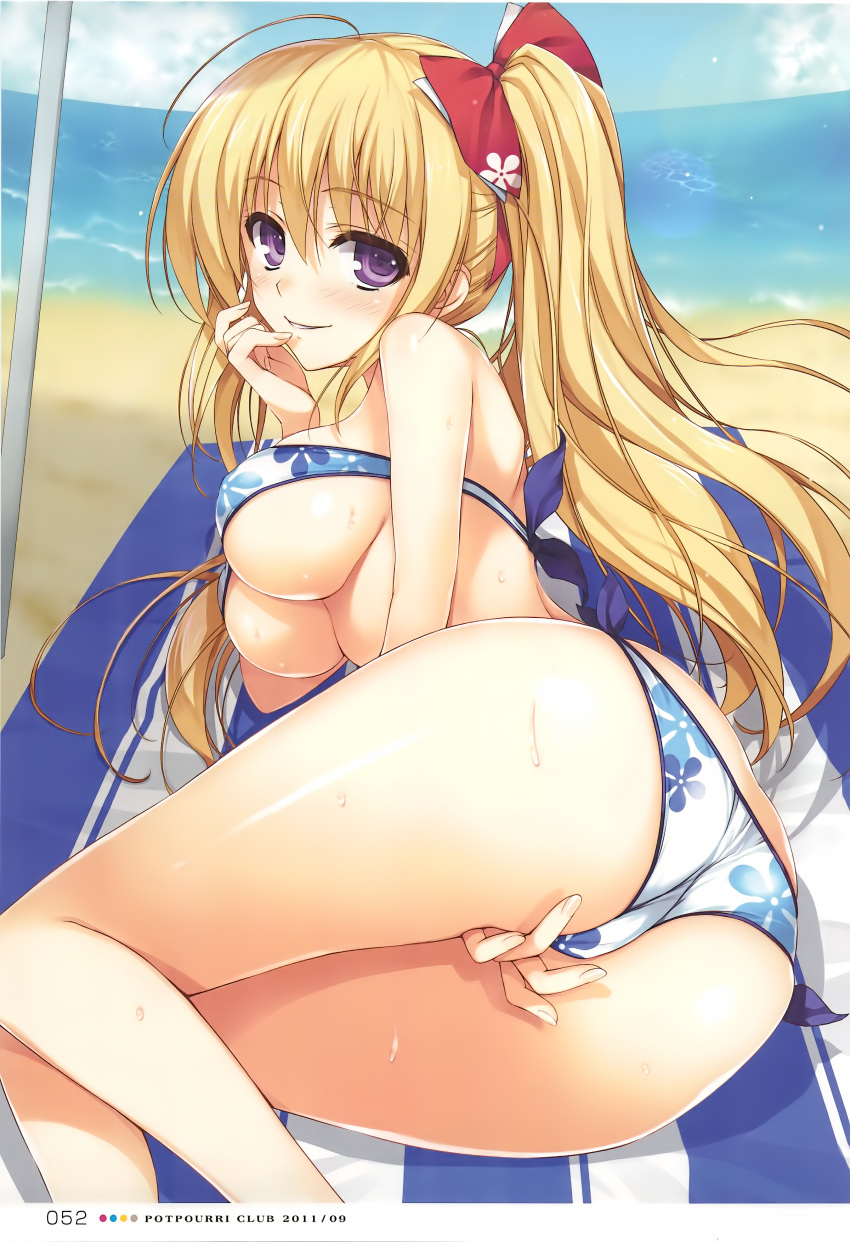 absurdres ahoge ass bandeau bangs bare_shoulders beach beach_towel between_legs bikini blonde_hair blush bow breasts cloud day eyebrows_visible_through_hair finger_to_mouth floral_print hair_bow highres large_breasts long_hair looking looking_at_viewer ocean one_side_up original outdoors page_number parted_lips purple_eyes scan shiny shiny_skin side-tie_bikini side_ponytail sky smile solo sweat swimsuit thighs tomose_shunsaku towel trefoil umbrella underboob water wet