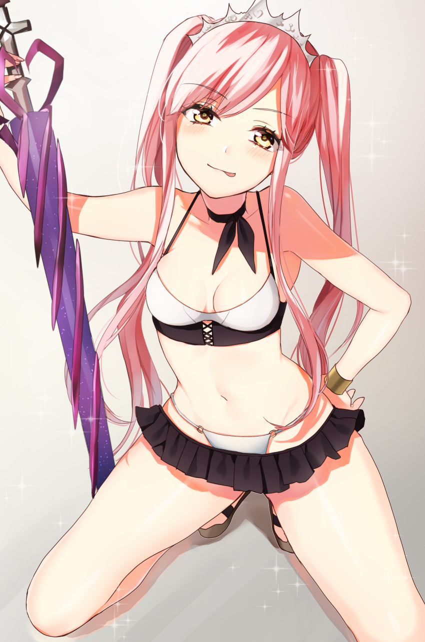 :p absurdres arm_up bare_arms bare_shoulders bikini black_choker black_skirt blush breasts brown_eyes choker closed_mouth collarbone commentary_request derori fate/grand_order fate_(series) head_tilt highres holding long_hair looking_at_viewer medb_(fate)_(all) medb_(swimsuit_saber)_(fate) medium_breasts microskirt navel o-ring o-ring_bikini o-ring_bottom pink_hair pleated_skirt sandals skirt smile solo sparkle squatting swimsuit tiara tongue tongue_out twintails very_long_hair white_bikini