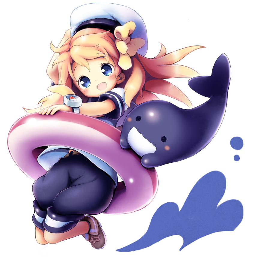 :d aikei_ake animal bangs beret black_sailor_collar black_shorts blonde_hair blue_eyes blush bow brown_footwear commentary_request compass eyebrows_visible_through_hair full_body hair_bow hat head_tilt highres innertube long_hair looking_at_viewer open_mouth original pink_innertube puffy_shorts sailor_collar shirt shoes short_shorts short_sleeves shorts smile solo white_background white_hat white_shirt yellow_bow