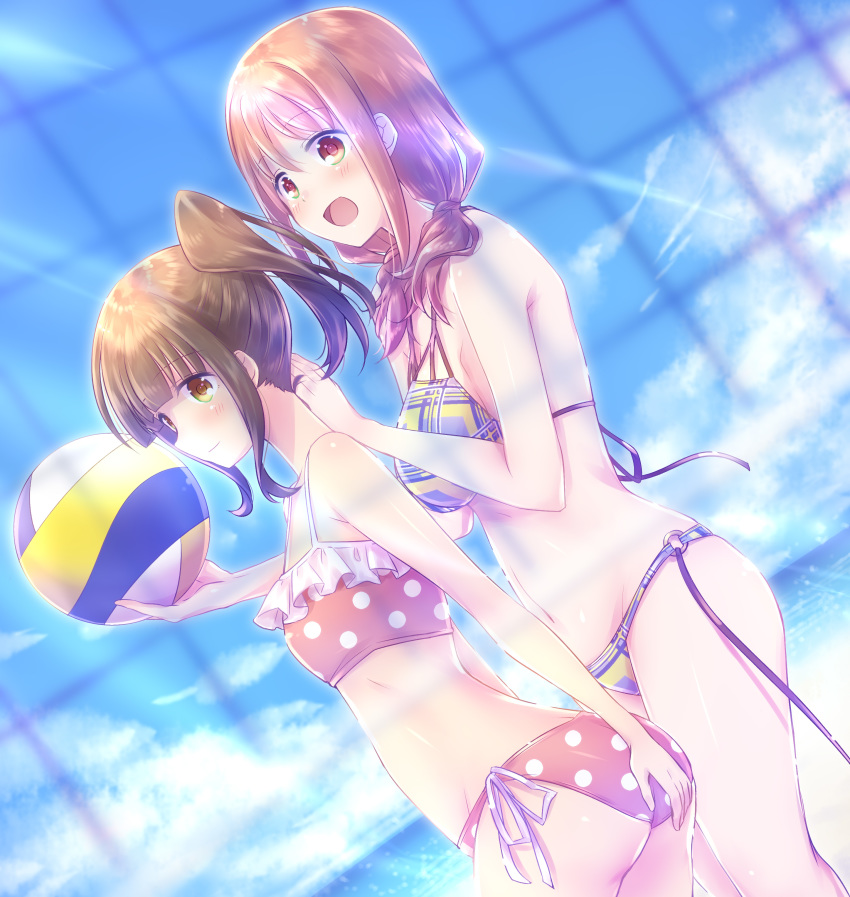 absurdres ass bangs beach beach_volleyball bikini blue_skirt blunt_bangs blurry blush breasts brown_eyes brown_hair commentary day depth_of_field dutch_angle eyebrows_visible_through_hair from_side groin hands_on_another's_shoulders harukana_receive higa_kanata highres large_breasts long_hair multiple_girls navel nyaa_(nnekoron) ocean oozora_haruka_(harukana_receive) sand side-tie_bikini side_ponytail skirt small_breasts smile swimsuit thighs volleyball_net water
