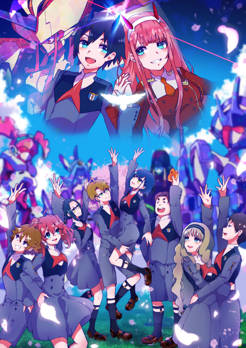 5boys 5girls ahoge argentea_(darling_in_the_franxx) bangs bird black_hair blonde_hair blue_eyes blue_hair blue_horns blue_sky blush breasts brown_footwear brown_hair cherry_blossoms chlorophytum cloud cloudy_sky commentary_request couple darling_in_the_franxx day delphinium_(darling_in_the_franxx) dress eyebrows_visible_through_hair eyes_closed floating_hair flower food futoshi_(darling_in_the_franxx) genista_(darling_in_the_franxx) glasses gorou_(darling_in_the_franxx) grass green_eyes grey_dress grey_legwear grey_shirt grey_shorts hair_ornament hairband hand_holding hand_on_another's_hip hand_on_another's_leg hand_on_another's_waist hand_on_hip hand_on_own_chest hand_on_thigh hand_up hetero hiro_(darling_in_the_franxx) holding holding_food holding_leg horns hug ichigo_(darling_in_the_franxx) ikuno_(darling_in_the_franxx) interlocked_fingers kokoro_(darling_in_the_franxx) light_brown_hair locked_arms long_hair long_sleeves looking_up mecha medium_breasts miku_(darling_in_the_franxx) military military_uniform mitsuru_(darling_in_the_franxx) multiple_boys multiple_girls necktie oni_horns orange_neckwear petals pink_hair ponytail purple_eyes purple_hair purple_hairband red_dress red_hair red_horns red_neckwear shirt shoes short_hair shorts sky small_breasts socks strelizia thick_eyebrows thighs tree twintails uniform white_hairband yoshi2_oide zero_two_(darling_in_the_franxx) zorome_(darling_in_the_franxx)