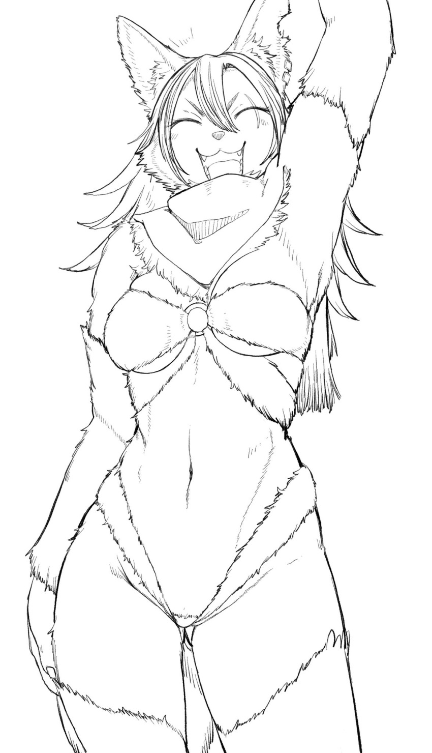 anthro bra breasts canine claws clothing dog ear_piercing eyes_closed fangs female fluffy hair husko husky inner_ear_fluff long_hair mammal monochrome open_mouth panties piercing scarf simple_background smile solo teeth toco_(artist) tongue underwear white_background