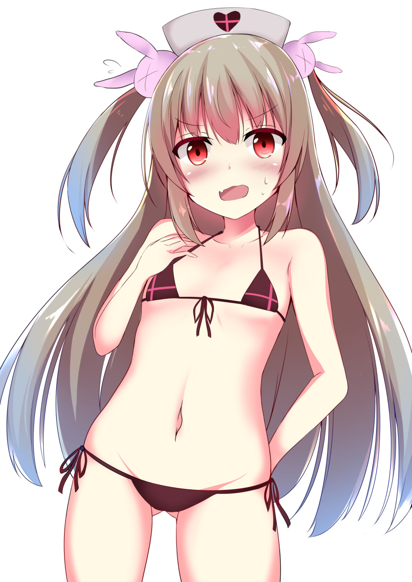 &gt;_&lt; ass_visible_through_thighs bangs bikini black_bikini blue_hair blush bunny_hair_ornament commentary_request eyebrows_visible_through_hair fang flying_sweatdrops front-tie_bikini front-tie_top gradient_hair grey_hat groin hair_between_eyes hair_ornament hat heart highres long_hair looking_at_viewer multicolored_hair natori_sana navel nurse_cap open_mouth red_eyes sana_channel side-tie_bikini sidelocks simple_background solo sweat swimsuit two_side_up very_long_hair virtual_youtuber white_background zatu