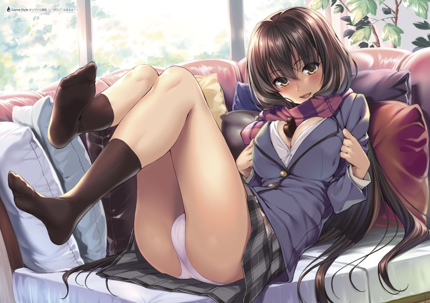 artist_name bangs between_breasts black_legwear blazer blush breast_squeeze breasts brown_eyes brown_hair buttons cameltoe chocolate chocolate_heart cleavage comic_exe couch day eyebrows_visible_through_hair feet game-style hair_between_eyes heart highres indoors jacket large_breasts leaf long_hair long_legs long_sleeves looking_at_viewer lying no_shoes nose_blush on_back on_couch open_mouth original overflowing panties pillow piromizu plaid plaid_scarf plaid_skirt plant pleated_skirt potted_plant red_scarf scarf school_uniform shirt sidelocks skirt smile socks solo thighs underwear valentine very_long_hair wallpaper white_panties white_shirt window