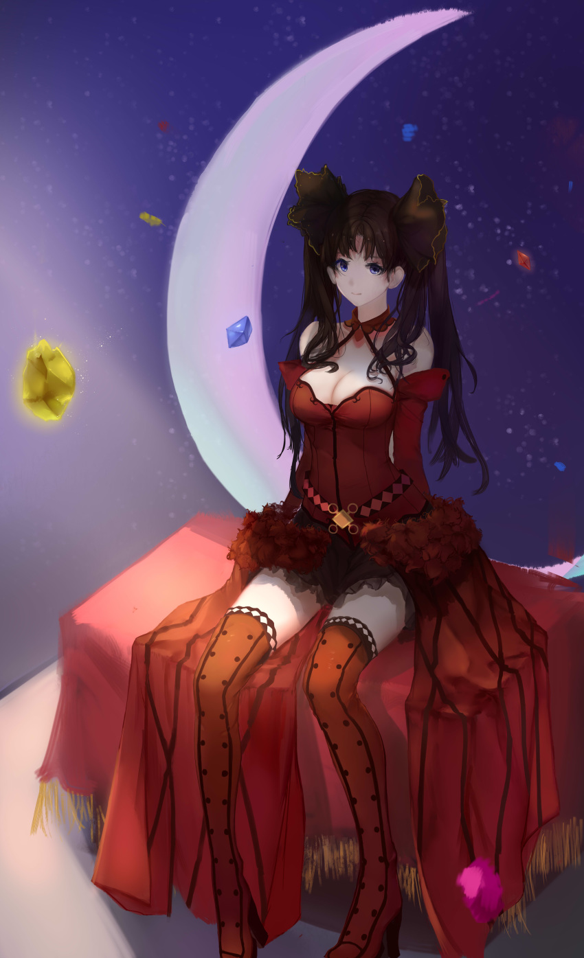absurdres arm_support black_ribbon blue_eyes bodice breasts brown_hair cleavage commentary_request crescent_moon eyebrows_visible_through_hair fate/grand_order fate_(series) formalcraft gem hair_ribbon high_heels highres hoshino_arika long_hair medium_breasts moon ribbon skirt solo thighhighs thighs toosaka_rin twintails