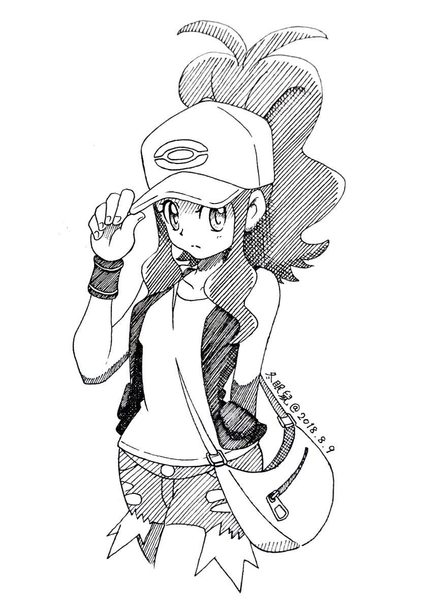 1girl adjusting_headwear arm_behind_back artist_name bag bare_shoulders baseball_cap blush breasts closed_mouth collarbone creatures_(company) cropped_legs dated denim denim_shorts expressionless female game_freak greyscale hand_up hat highres looking_to_the_side monochrome nintendo poke_ball_theme pokemon pokemon_(game) pokemon_bw ponytail shirt short_shorts shorts signature simple_background sleeveless sleeveless_shirt small_breasts solo standing tied_hair touko_(pokemon) toumin_nezumi vest white_background wristband