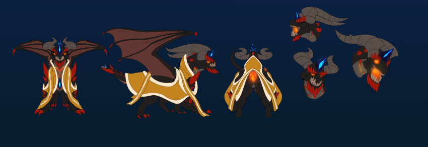 2_toes 4_toes absurd_res bioluminescence black_scales claws clothed clothing dragon forehead_gem glowing glowing_eyes hi_res horn male model_sheet quadruped robe scales solo spikes teeth toes undeadkitty13 wings