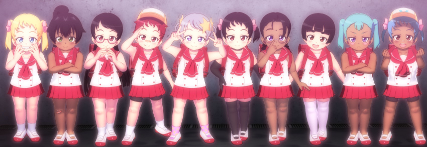 +_+ 3d 6+girls :d backpack bag bandaid bandaid_on_knee bangs bare_arms bare_shoulders bike_shorts black_gloves black_hair black_legwear blonde_hair blue_eyes blunt_bangs bow braid child closed_mouth collarbone crossed_arms dark_skin double_v elbow_gloves full_body glasses gloves hair_bow hair_ornament head_tilt legs_apart multiple_girls open_mouth original pleated_skirt randoseru salute shirt shoes short_hair skirt smile standing star star_hair_ornament thighhighs twin_braids twintails upper_teeth v white_legwear white_shirt yanmaa_(6664) zettai_ryouki