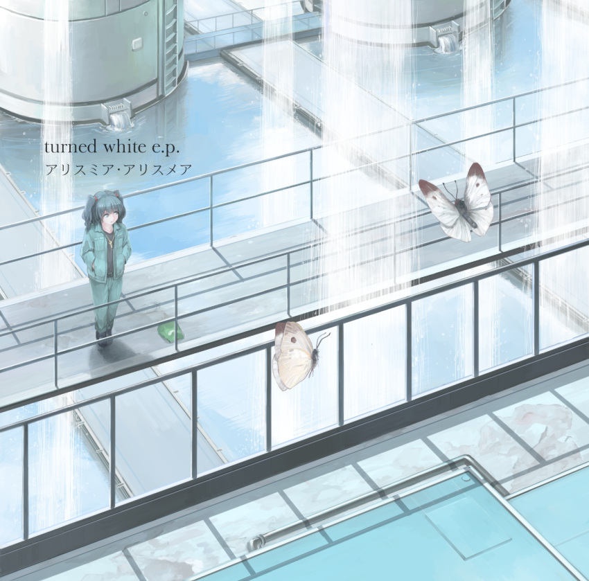 blue_eyes blue_hair bridge bug butterfly catwalk closed_mouth eyebrows_visible_through_hair green_hat hands_in_pockets hat hat_removed headwear_removed highres ichiba_youichi indoors insect kawashiro_nitori key ladder looking_away moth railing short_hair short_twintails solo standing touhou translation_request twintails water_tank