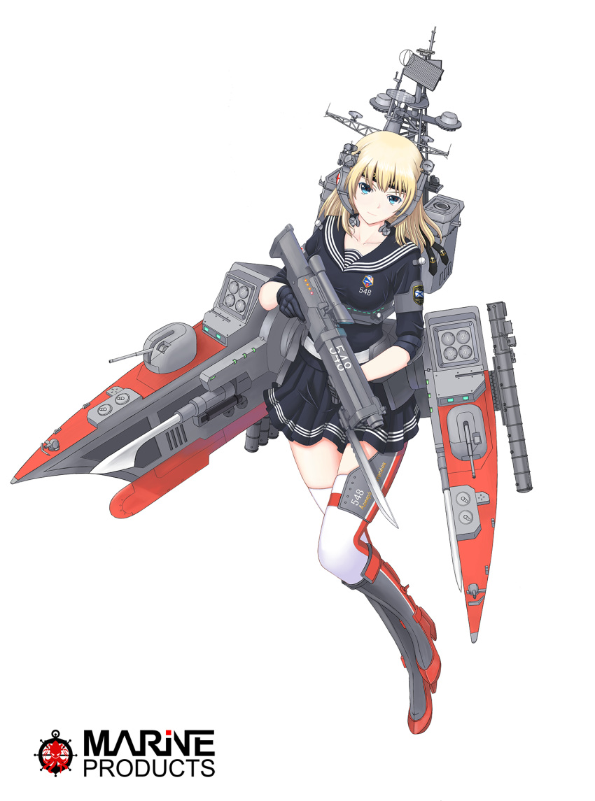 armor bayonet black_gloves black_skirt blonde_hair blue_eyes blush boots breasts closed_mouth commentary_request full_body gloves graphite_(medium) gun headband highres knee_boots looking_at_viewer medium_breasts medium_hair miniskirt missile_pod original pixiv8724247 rifle russian russian_navy sailor_collar school_uniform serafuku simple_background skirt smile thighhighs torpedo_tubes traditional_media turret weapon white_background white_legwear