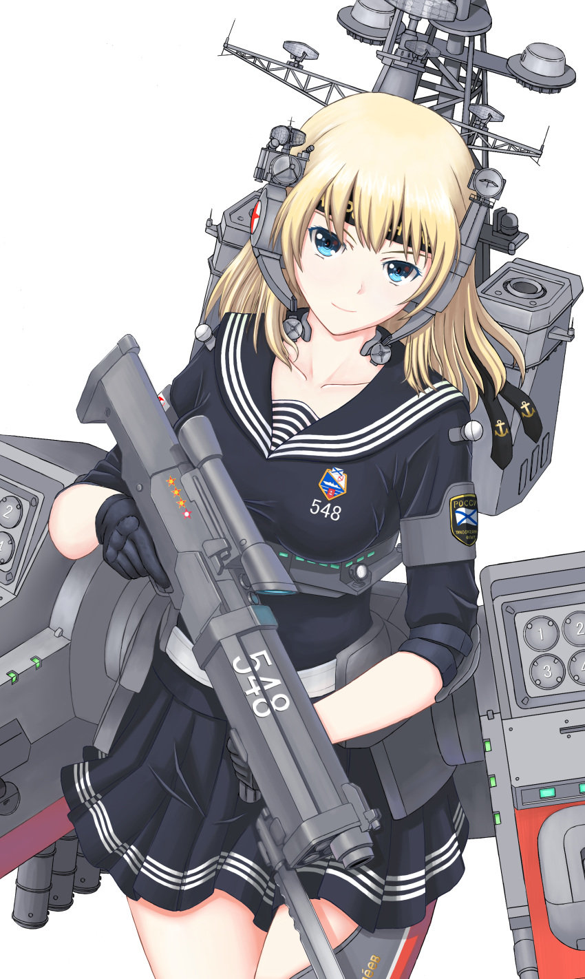 absurdres armor bayonet black_gloves black_skirt blonde_hair blue_eyes blush breasts closed_mouth commentary_request eyebrows_visible_through_hair gloves graphite_(medium) gun headband highres looking_at_viewer medium_breasts medium_hair miniskirt missile_pod original pixiv8724247 rifle russian russian_navy sailor_collar school_uniform serafuku simple_background skirt smile torpedo_tubes traditional_media weapon white_background