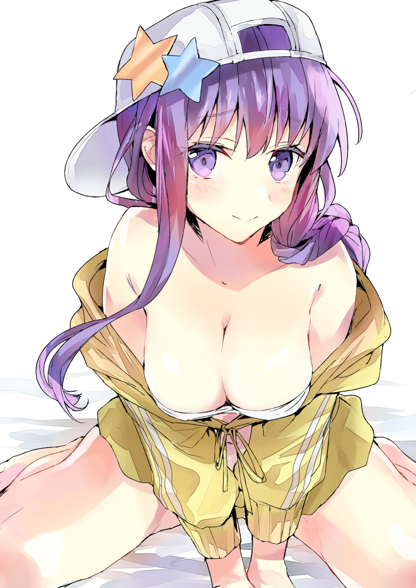 absurdres bangs bare_shoulders baseball-cap bb_(fate)_(all) bb_(swimsuit_mooncancer)_(fate) bed_sheet belly_peek between_legs bikini blush braid breasts cleavage closed_mouth collarbone commentary_request eyebrows_visible_through_hair fate/grand_order fate_(series) hair_between_eyes hand_between_legs hat highres jacket large_breasts long_hair long_sleeves navel off_shoulder purple_eyes purple_hair sideways_hat sitting smile solo star swimsuit tomozero very_long_hair wariza white_background white_bikini white_hat yellow_jacket