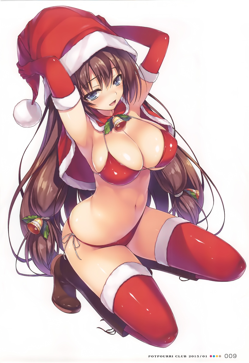 absurdres armpits arms_up bangs bell bikini blue_eyes blush boots breasts brown_hair capelet christmas cleavage elbow_gloves fur_trim gloves hair_bell hair_ornament hair_tie hat highres knee_boots large_breasts long_hair looking_at_viewer open_mouth original page_number pom_pom_(clothes) red_gloves red_legwear santa_bikini santa_hat scan shiny shiny_clothes shiny_hair side-tie_bikini simple_background smile solo squatting swimsuit tomose_shunsaku white_background