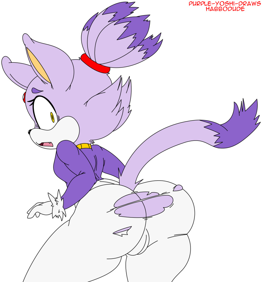 anthro big_butt blaze_the_cat butt camel_toe cat clothed clothing dipstick_tail eyelashes feline female forehead_gem fur habbodude hair hairband hi_res looking_back mammal multicolored_tail purple_fur purple_hair purple_yoshi_draws solo sonic_(series) surprise torn_clothing wide_hips yellow_eyes