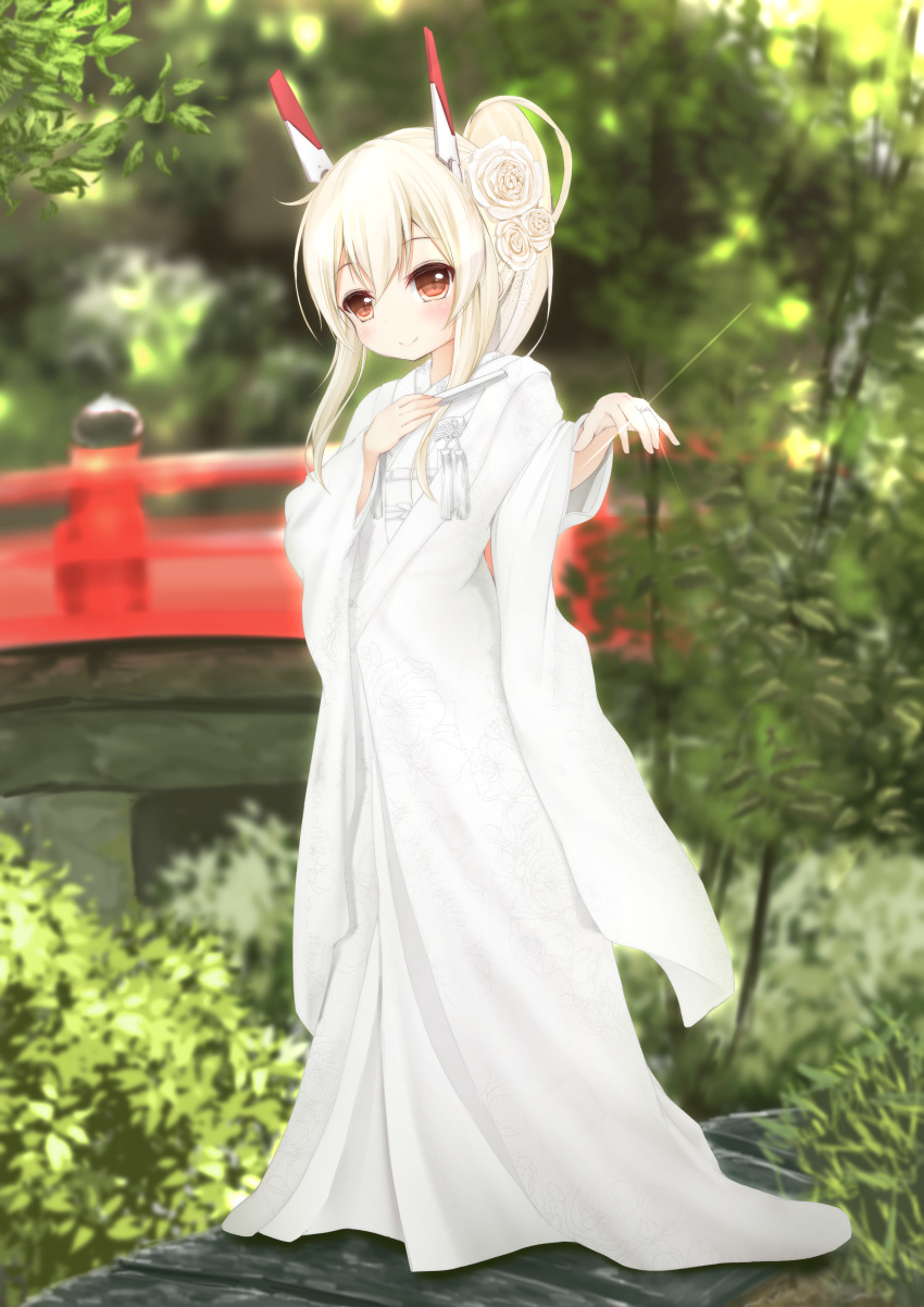 absurdres ayanami_(azur_lane) azur_lane bangs blurry blurry_background blush bridge brown_eyes closed_fan closed_mouth day depth_of_field eyebrows_visible_through_hair fan flower folding_fan full_body glint hair_between_eyes hair_flower hair_ornament hand_up head_tilt headgear high_ponytail highres holding holding_fan japanese_clothes jewelry kimono long_hair long_sleeves looking_at_viewer maru_shion md5_mismatch outdoors ponytail ring rose sidelocks smile solo standing uchikake wedding_band white_flower white_kimono white_rose wide_sleeves