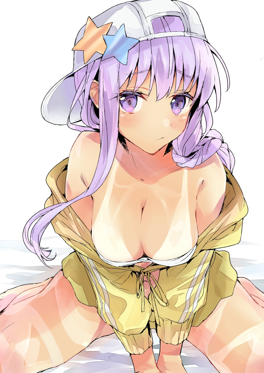 absurdres bangs bare_shoulders baseball-cap bb_(fate)_(all) bb_(swimsuit_mooncancer)_(fate) bed_sheet between_legs bikini blush braid breasts cleavage closed_mouth collarbone eyebrows_visible_through_hair fate/grand_order fate_(series) hair_between_eyes hand_between_legs hat highres jacket large_breasts long_hair long_sleeves navel off_shoulder purple_eyes purple_hair sideways_hat sitting solo star swimsuit tan tanline tomozero very_long_hair wariza white_background white_bikini white_hat yellow_jacket