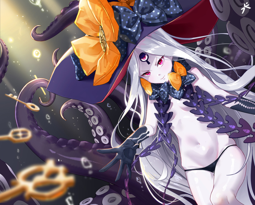 abigail_williams_(fate/grand_order) absurdres black_bow black_gloves black_panties blurry blurry_foreground bow commentary depth_of_field fate/grand_order fate_(series) gloves hat highres key keyhole navel orange_bow pale_skin panties pink_eyes revealing_clothes skull_print star star_print suction_cups tentacles third_eye underwear vkejr702 witch_hat
