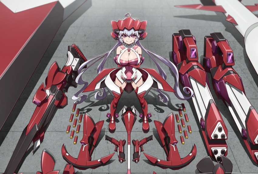 &gt;:) arms_under_breasts arrow bodysuit boots bow_(weapon) breast_hold breasts cleavage covered_navel crossbow crossed_arms from_above full_body gatling_gun gun headgear highres huge_weapon large_breasts lavender_hair long_hair machine_pistol missile purple_eyes rifle rocket senki_zesshou_symphogear smirk sniper_rifle thigh_boots thighhighs uganda v-shaped_eyebrows very_long_hair weapon yukine_chris
