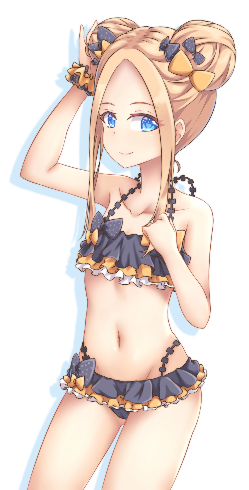 abigail_williams_(fate/grand_order) absurdres arm_up ass_visible_through_thighs bangs bare_arms bare_shoulders bikini black_bikini black_bow blonde_hair blue_eyes blush bow cameltoe closed_mouth collarbone commentary_request double_bun emerald_float fate/grand_order fate_(series) forehead hair_bow highres long_hair looking_at_viewer navel orange_bow parted_bangs polka_dot polka_dot_bow shadow side_bun sidelocks smile solo swimsuit white_background zongren