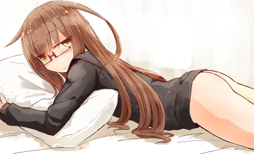 ass bad_revision bangs black_sailor_collar black_shirt blush bottomless brown_hair closed_mouth commentary_request downscaled_revision eyebrows_visible_through_hair eyes_visible_through_hair hair_over_one_eye hakuun_(m2230) highres kantai_collection long_hair long_sleeves lying md5_mismatch mochizuki_(kantai_collection) on_stomach pillow pillow_hug red-framed_eyewear sailor_collar semi-rimless_eyewear shirt solo under-rim_eyewear very_long_hair yellow_eyes
