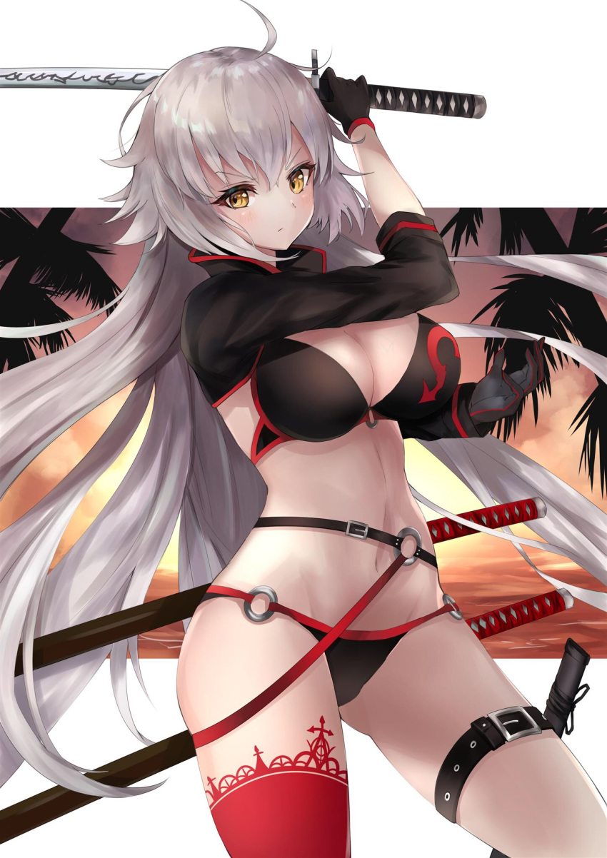 ahoge ass_visible_through_thighs bangs belt belt_buckle bikini black_belt black_bikini black_gloves black_jacket blush breasts buckle cleavage closed_mouth commentary_request cowboy_shot cropped_jacket eyebrows_visible_through_hair fate/grand_order fate_(series) floating_hair gloves groin hair_between_eyes hands_up highres hips holding jacket jeanne_d'arc_(alter_swimsuit_berserker) jeanne_d'arc_(fate)_(all) katana large_breasts long_hair long_sleeves looking_at_viewer medium_breasts navel o-ring o-ring_belt o-ring_bikini o-ring_bottom o-ring_top outdoors red_legwear sheath sheathed shrug_(clothing) sidelocks silver_hair single_thighhigh solo standing sunset swimsuit sword thighhighs thighs unsheathed v-shaped_eyebrows very_long_hair weapon white_background yellow_eyes yutoriko_(candy0905)