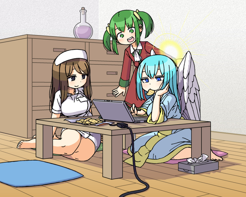 :d angel angel_wings bangs bare_legs barefoot beaker black_eyes blue_dress blue_eyes blue_hair breasts brown_hair chips closed_mouth computer cravat dress elona feathered_wings food food_in_mouth green_eyes green_hair halo hat indoors isca_the_fallen_angel laptop large_breasts long_sleeves maruput multiple_girls nurse_cap open_mouth red_dress sitting smile straight_hair teeth tissue_box twintails white_dress white_neckwear white_wings wings yokozuwari younger_sister_(elona)
