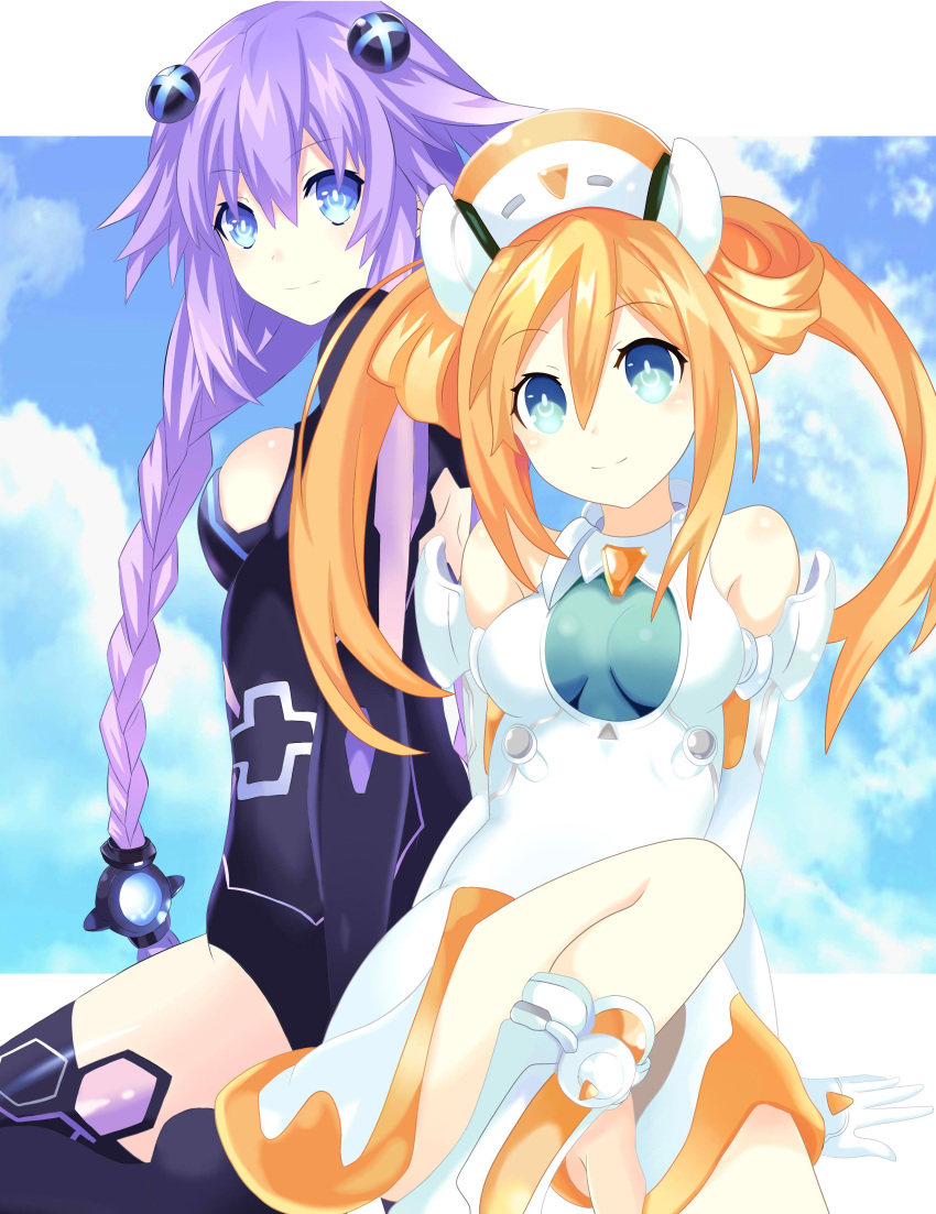 absurdres blue_eyes blush boots braid breasts cleavage commentary_request elbow_gloves eyebrows_visible_through_hair gloves hair_between_eyes hair_ornament highres leotard long_hair looking_at_viewer medium_breasts multiple_girls neptune_(series) orange_hair orange_heart outstretched_arms page_number power_symbol purple_hair purple_heart ramu-on@_shinon shin_jigen_game_neptune_vii sitting smile symbol-shaped_pupils twin_braids twintails very_long_hair white_gloves