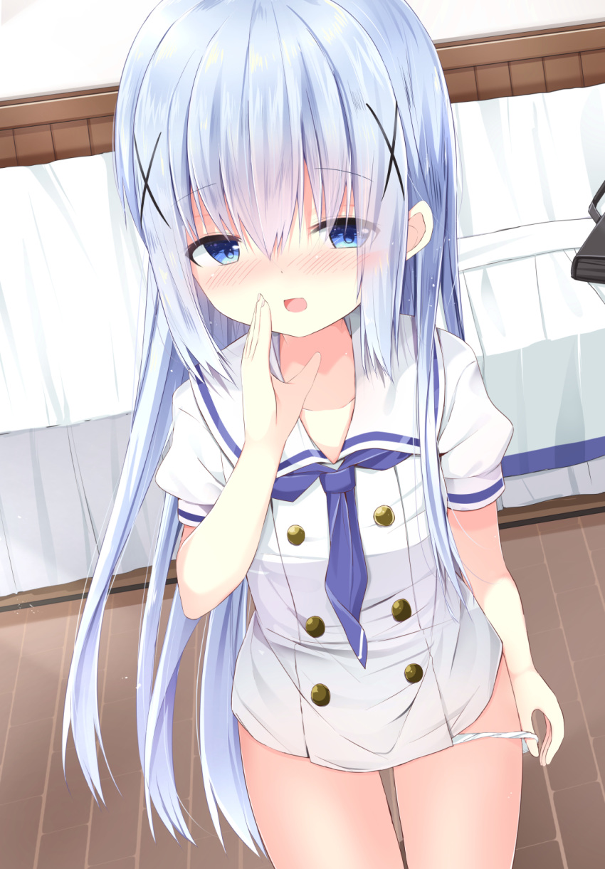 :d bag bangs blue_eyes blue_hair blue_neckwear blush collared_shirt commentary_request eyebrows_visible_through_hair fingernails gochuumon_wa_usagi_desu_ka? hair_between_eyes hair_ornament hand_to_own_mouth highres indoors kafuu_chino kafuu_chino's_school_uniform kouda_suzu long_hair looking_at_viewer neckerchief no_pants nose_blush open_mouth panties panty_pull pleated_skirt puffy_short_sleeves puffy_sleeves pulled_by_self school_bag school_uniform shirt short_sleeves sidelocks skirt skirt_removed smile solo underwear very_long_hair white_panties white_shirt white_skirt wooden_floor x_hair_ornament
