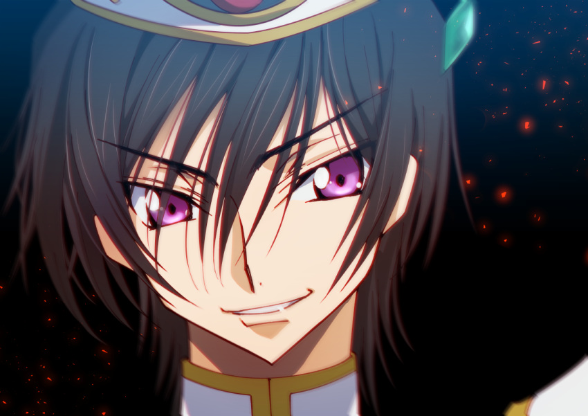black_hair code_geass creayus eyebrows_visible_through_hair grin hat lelouch_lamperouge looking_at_viewer m male_focus parted_lips portrait purple_eyes smile solo